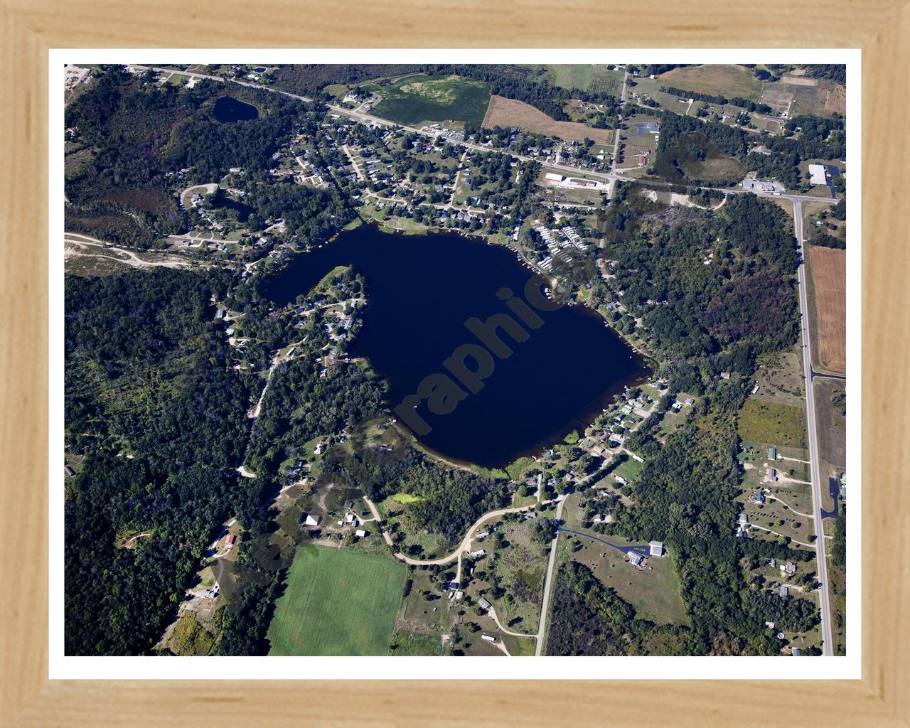 Aerial image of [5642] Pleasant Lake in Hillsdale, MI with Natural Wood frame