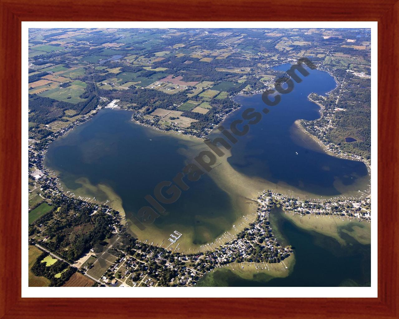 Aerial image of [5643] Devils Lake in Lenawee, MI with Cherry Wood frame