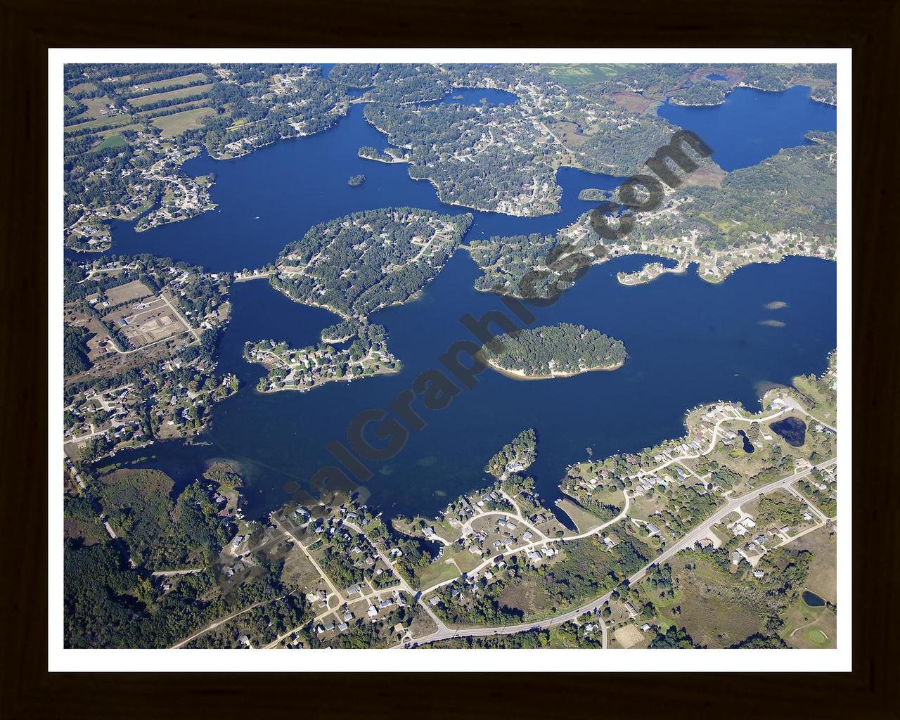 Aerial image of [5650] Lake LeAnn in Hillsdale, MI with Black Wood frame