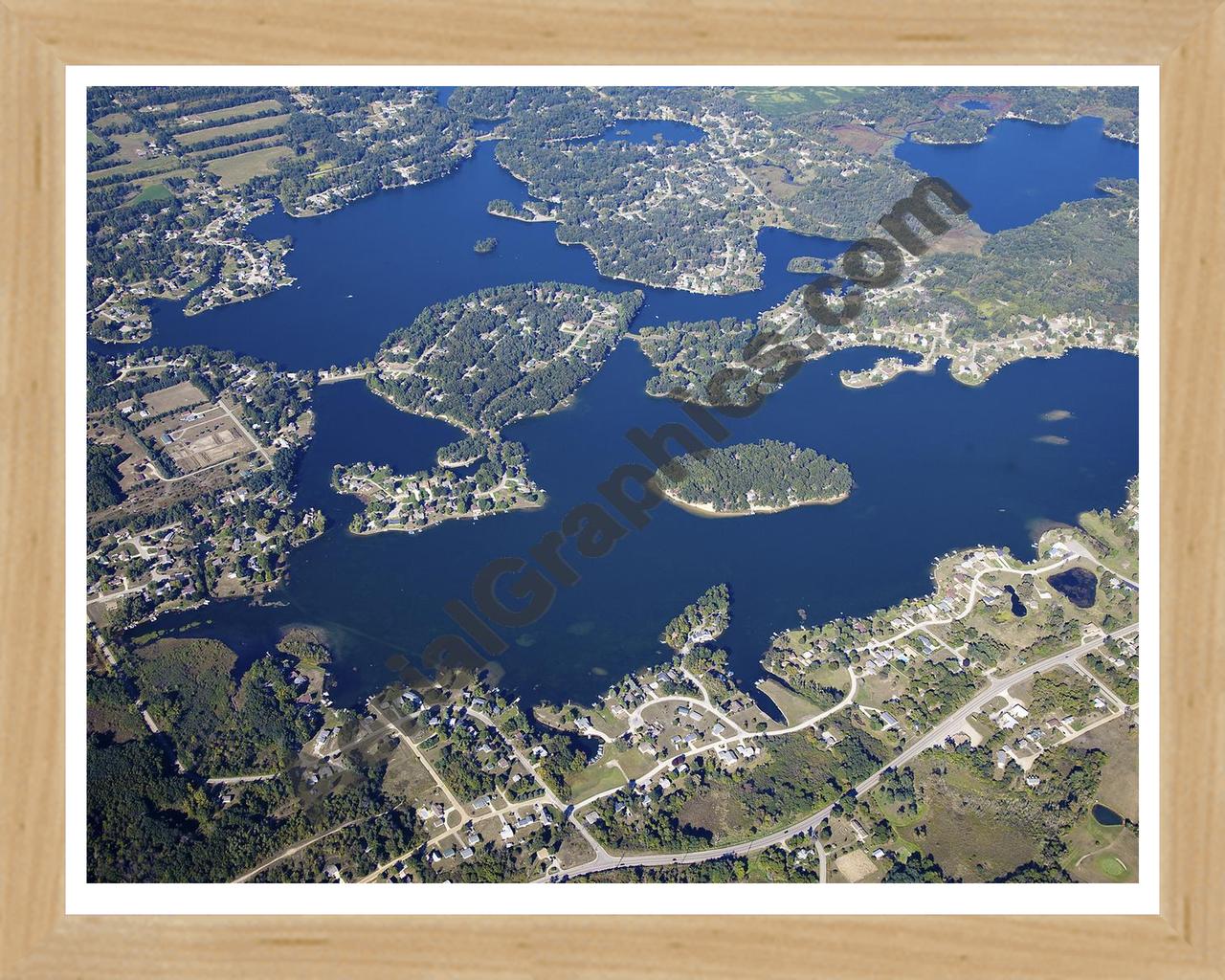 Aerial image of [5650] Lake LeAnn in Hillsdale, MI with Natural Wood frame