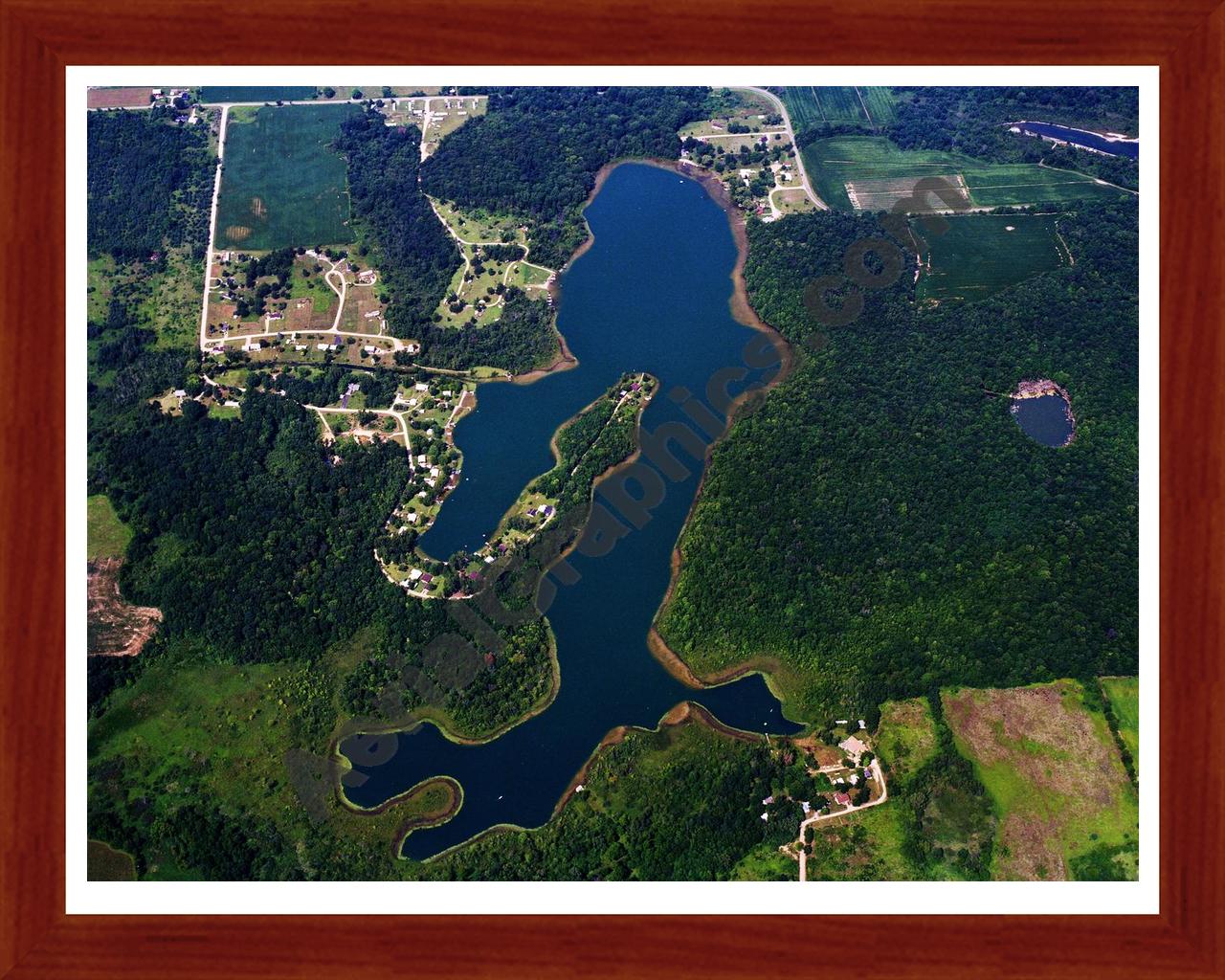 Aerial image of [5686] Dragon Lake in Branch, MI with Cherry Wood frame