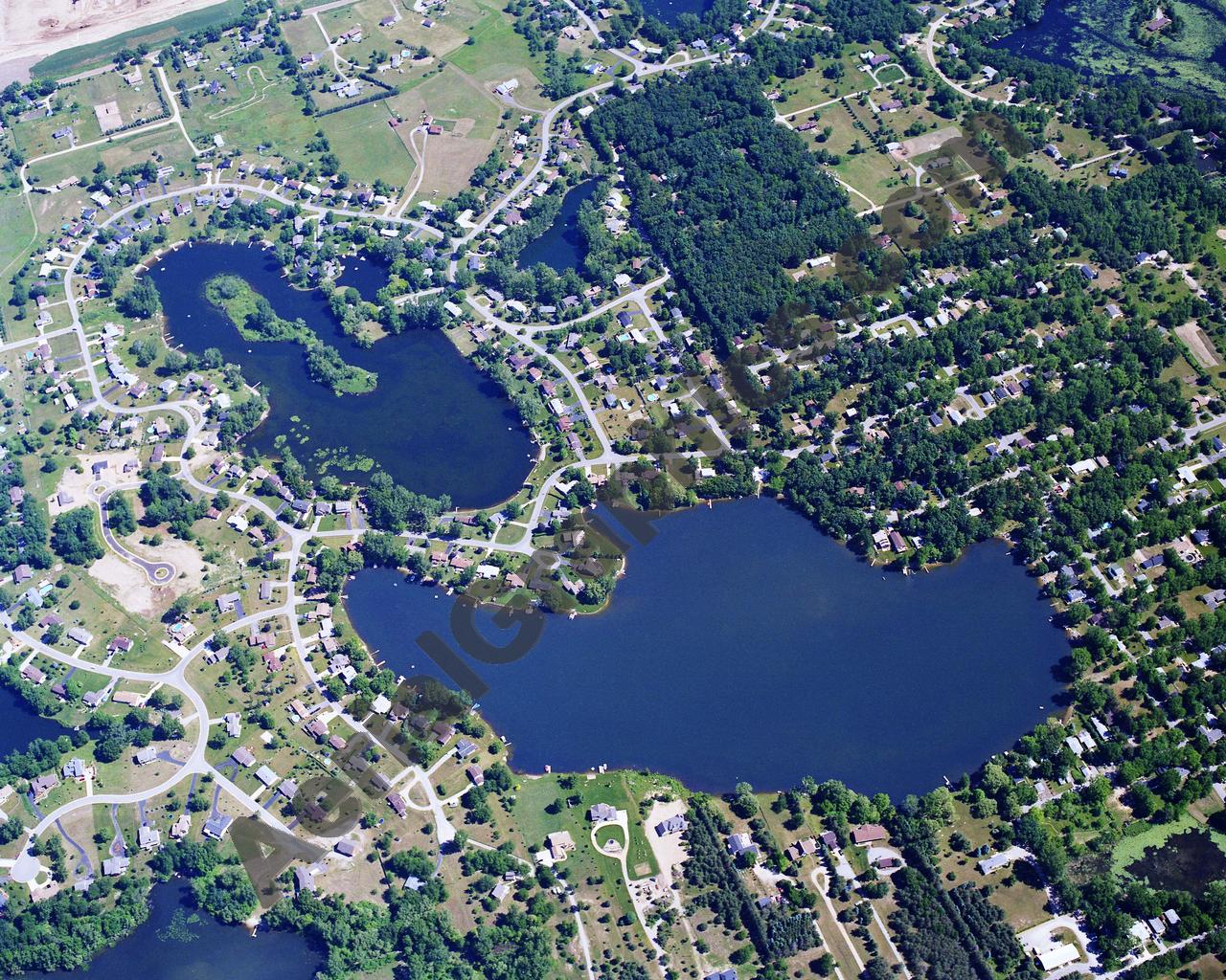 Aerial image of [5699] Woodruff Lake & Charlick Lake in Oakland, MI with Canvas Wrap frame