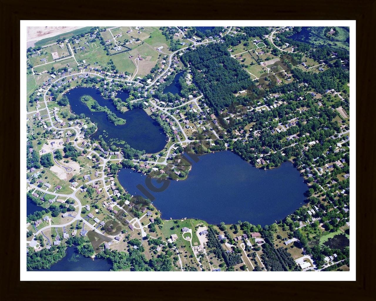 Aerial image of [5699] Woodruff Lake & Charlick Lake in Oakland, MI with Black Wood frame