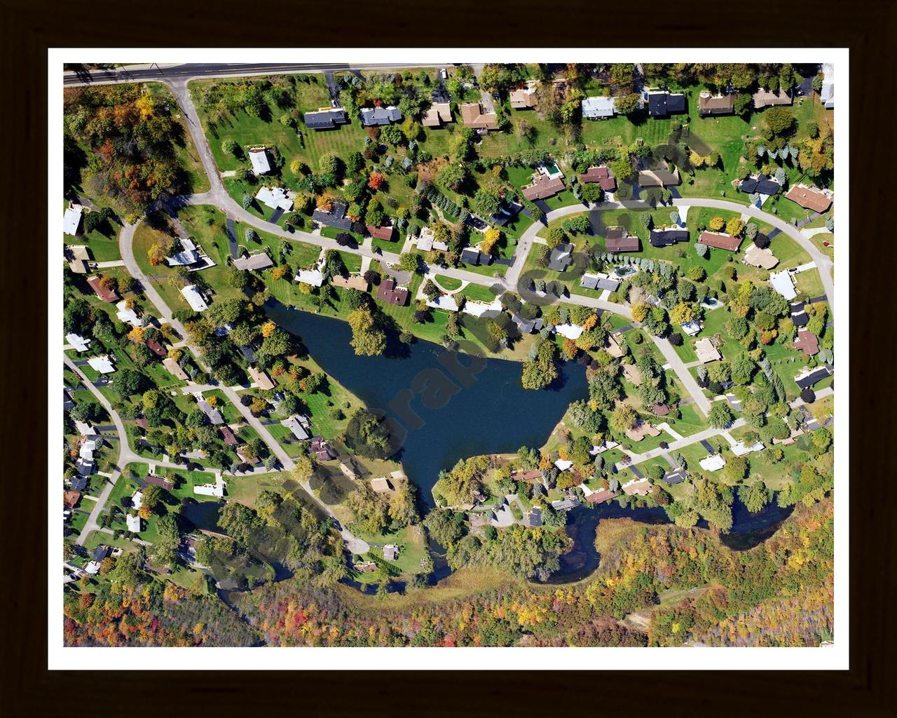 Aerial image of [5705] Allen Lake in Oakland, MI with Black Wood frame