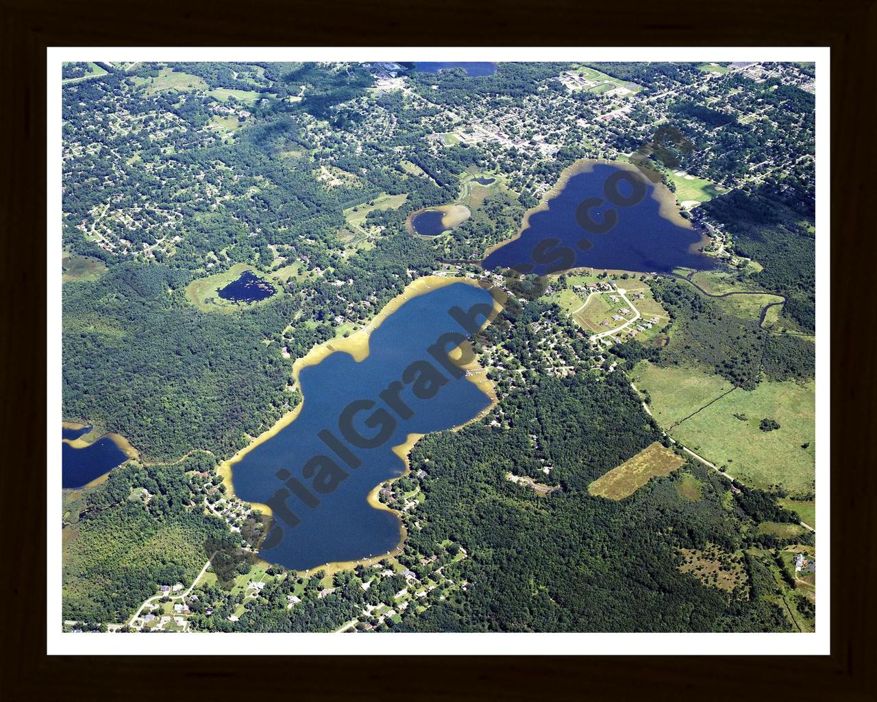 Aerial image of [5719] Brown Lake & Vandercook Lake in Jackson, Mi with Black Wood frame