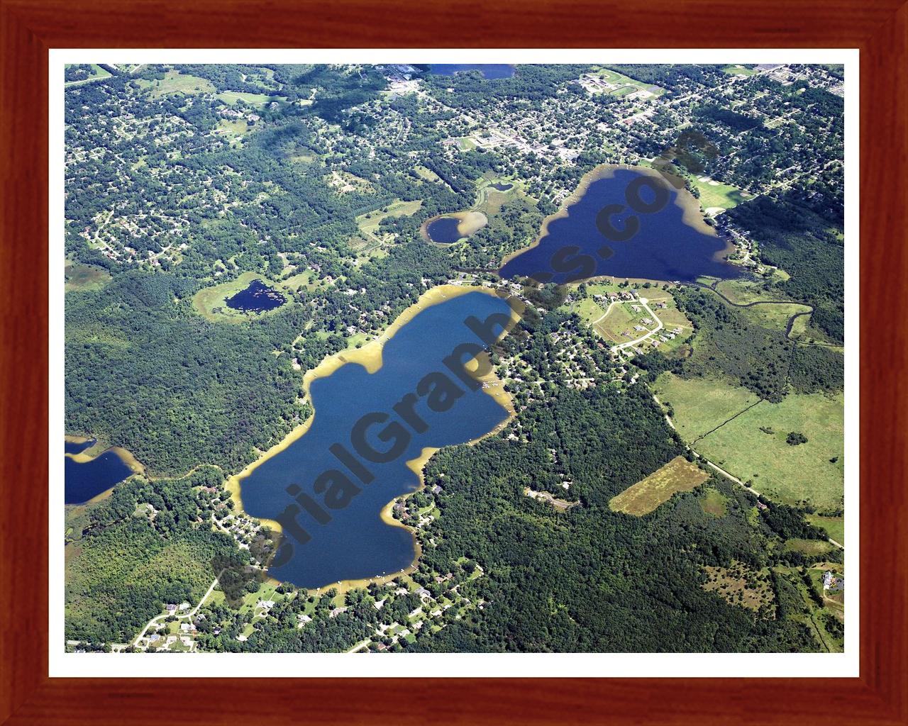 Aerial image of [5719] Brown Lake & Vandercook Lake in Jackson, Mi with Cherry Wood frame