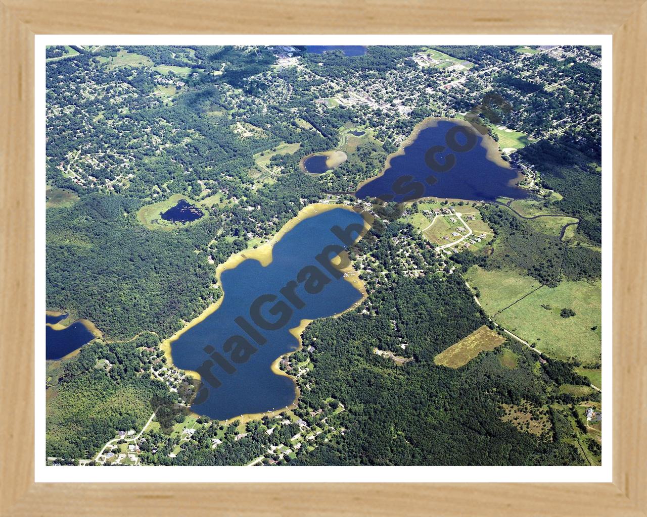 Aerial image of [5719] Brown Lake & Vandercook Lake in Jackson, Mi with Natural Wood frame