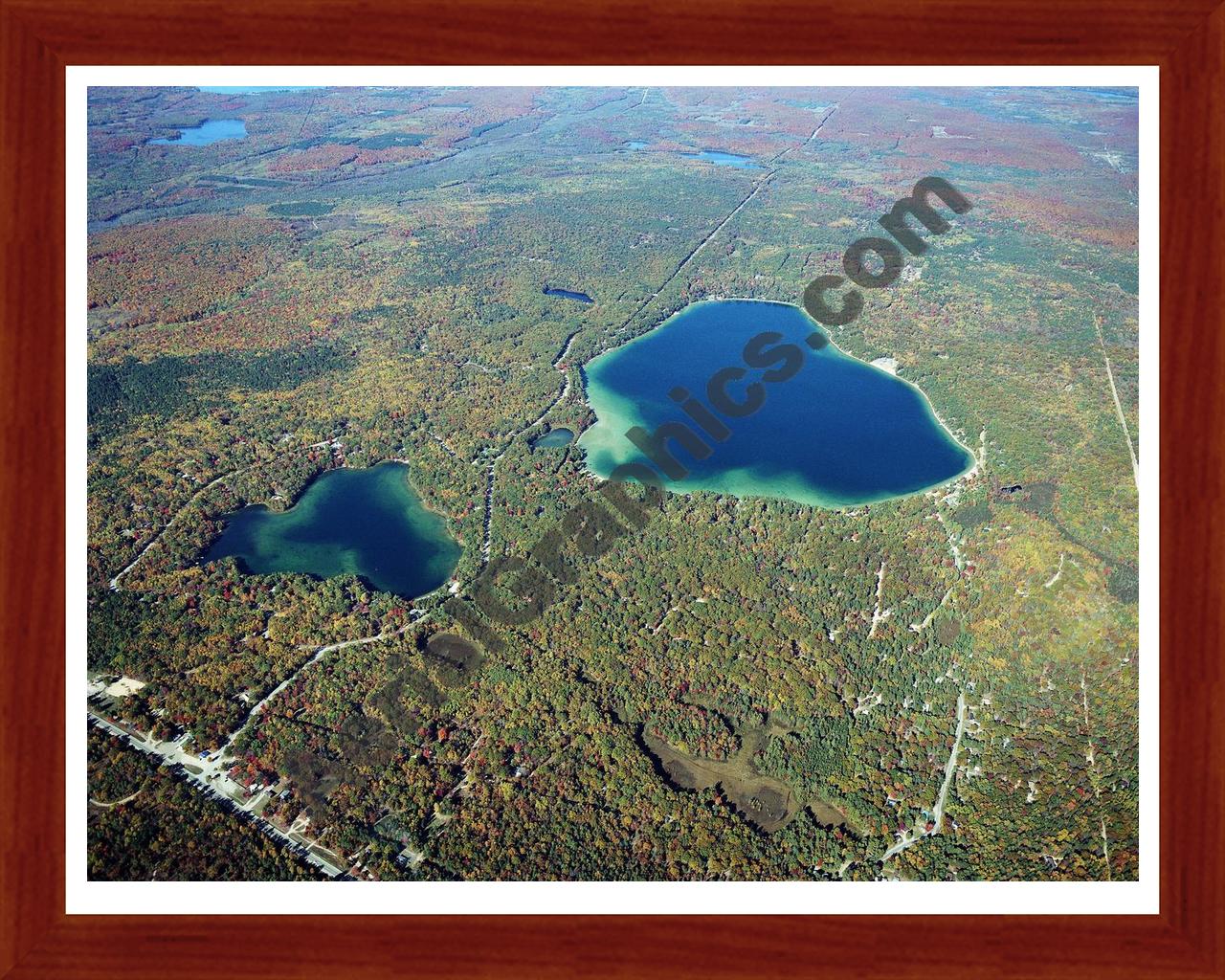 Aerial image of [5745] Cub Lake and Bear Lake in Kalkaska, MI with Cherry Wood frame