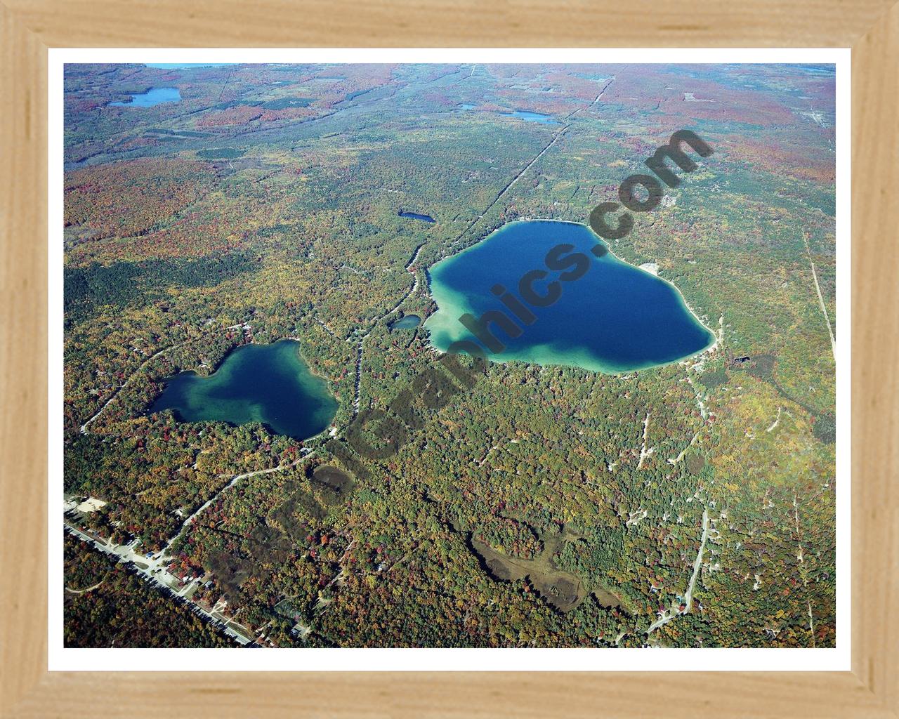 Aerial image of [5745] Cub Lake and Bear Lake in Kalkaska, MI with Natural Wood frame