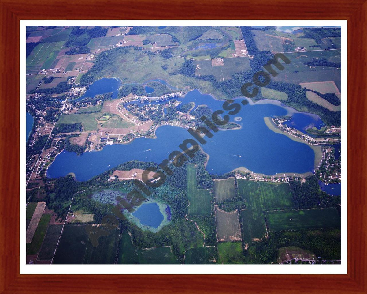 Aerial image of [5747] Dallas Lake in LaGrange, IN with Cherry Wood frame