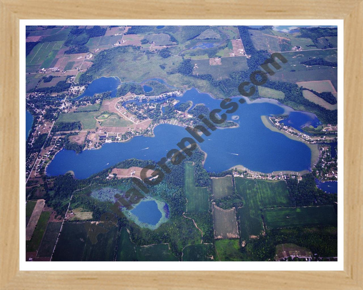 Aerial image of [5747] Dallas Lake in LaGrange, IN with Natural Wood frame