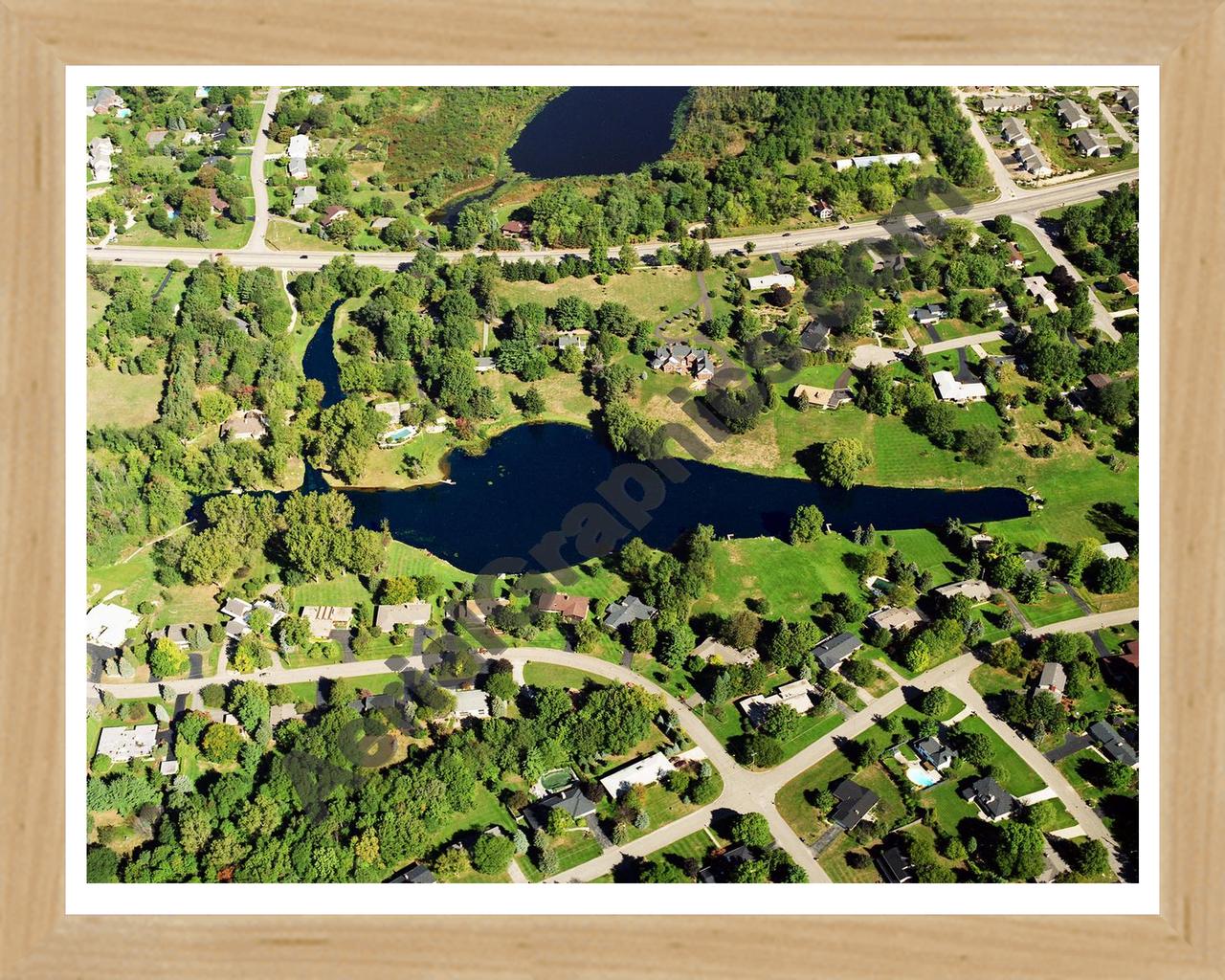 Aerial image of [5759] Echo Lake in Kent, MI with Natural Wood frame