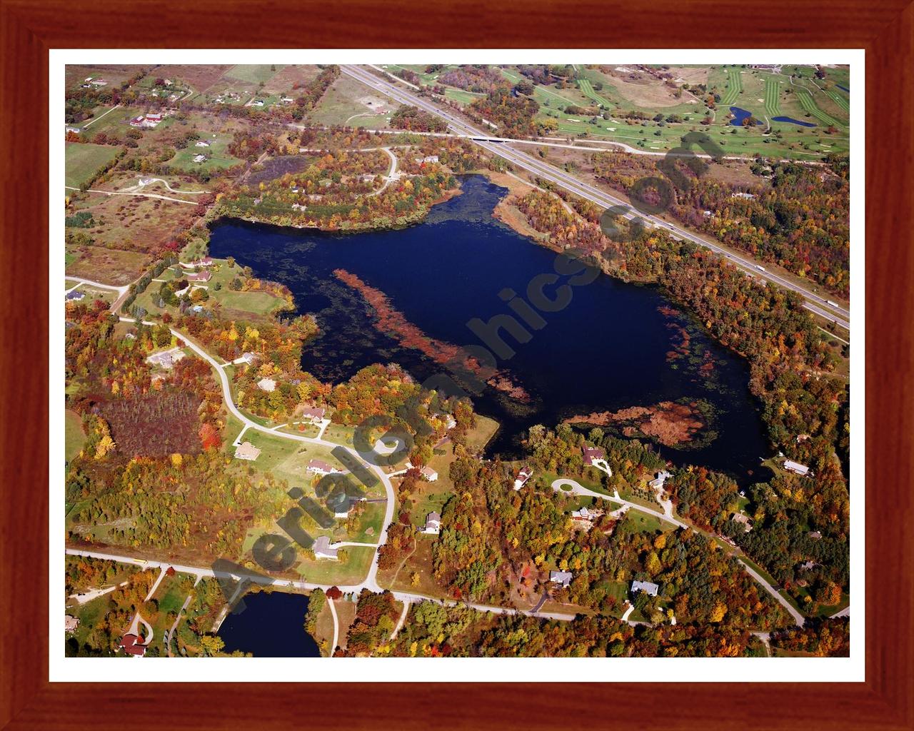 Aerial image of [5761] Eliza Lake in Oakland, MI with Cherry Wood frame