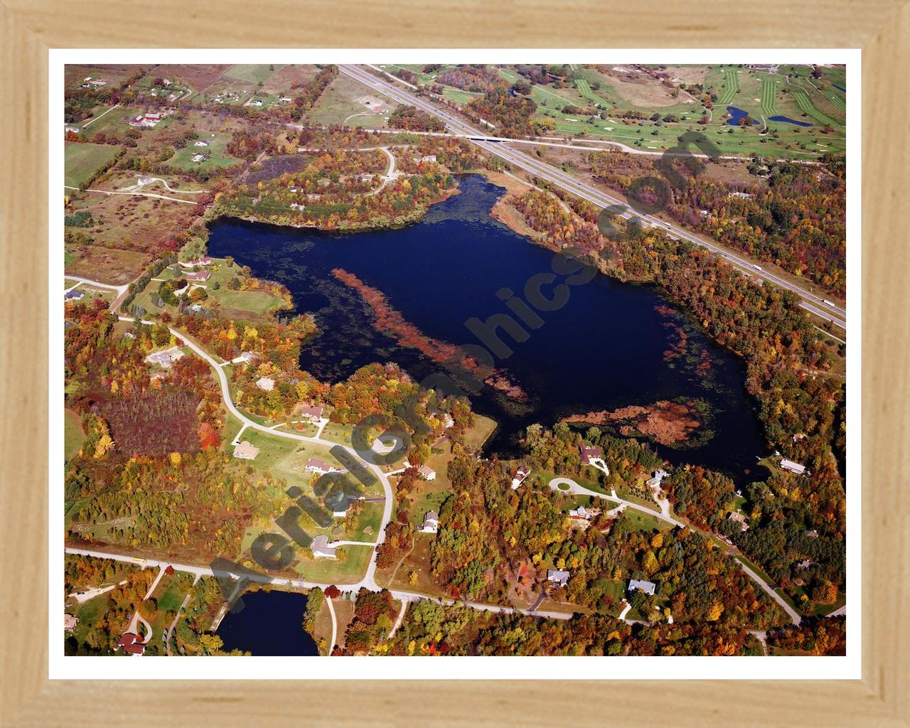 Aerial image of [5761] Eliza Lake in Oakland, MI with Natural Wood frame