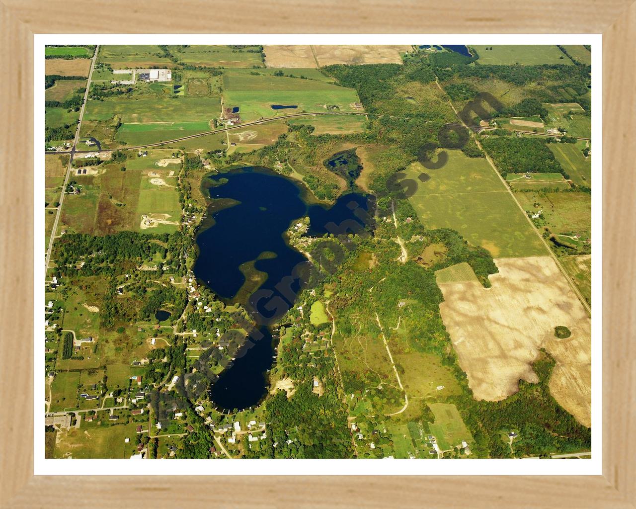 Aerial image of [5762] Elk Lake in Lapeer, MI with Natural Wood frame