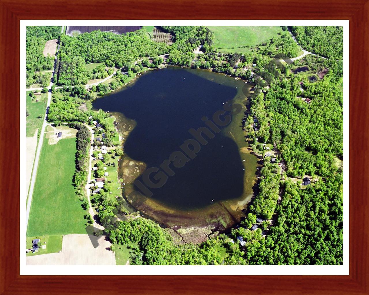 Aerial image of [5764] Englewright Lake in Newaygo, MI with Cherry Wood frame