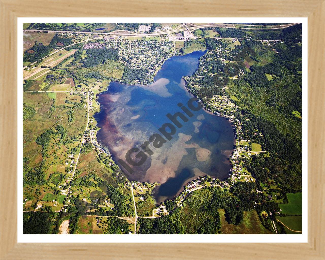 Aerial image of [5783] Gilletts Lake in Jackson, MI with Natural Wood frame