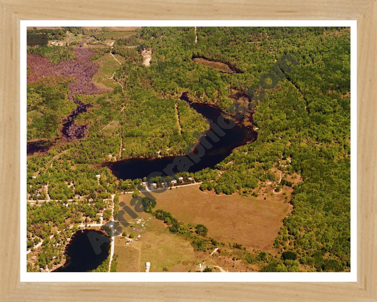 Aerial image of [5793] Half Moon Lake in Clare, MI with Natural Wood frame