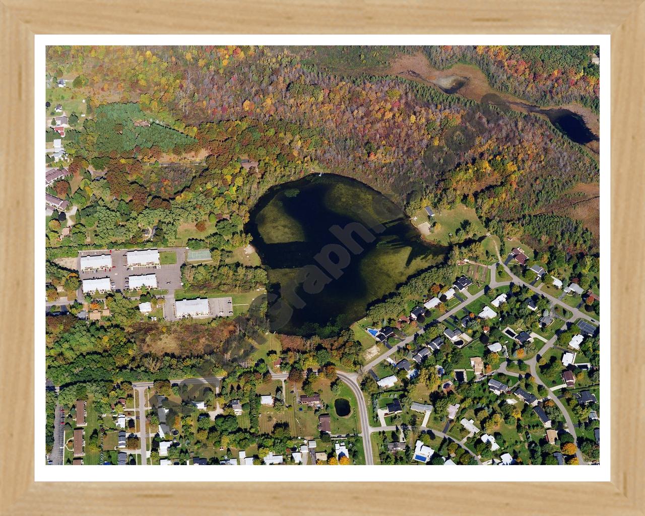 Aerial image of [5799] Hawk Lake in Oakland, MI with Natural Wood frame