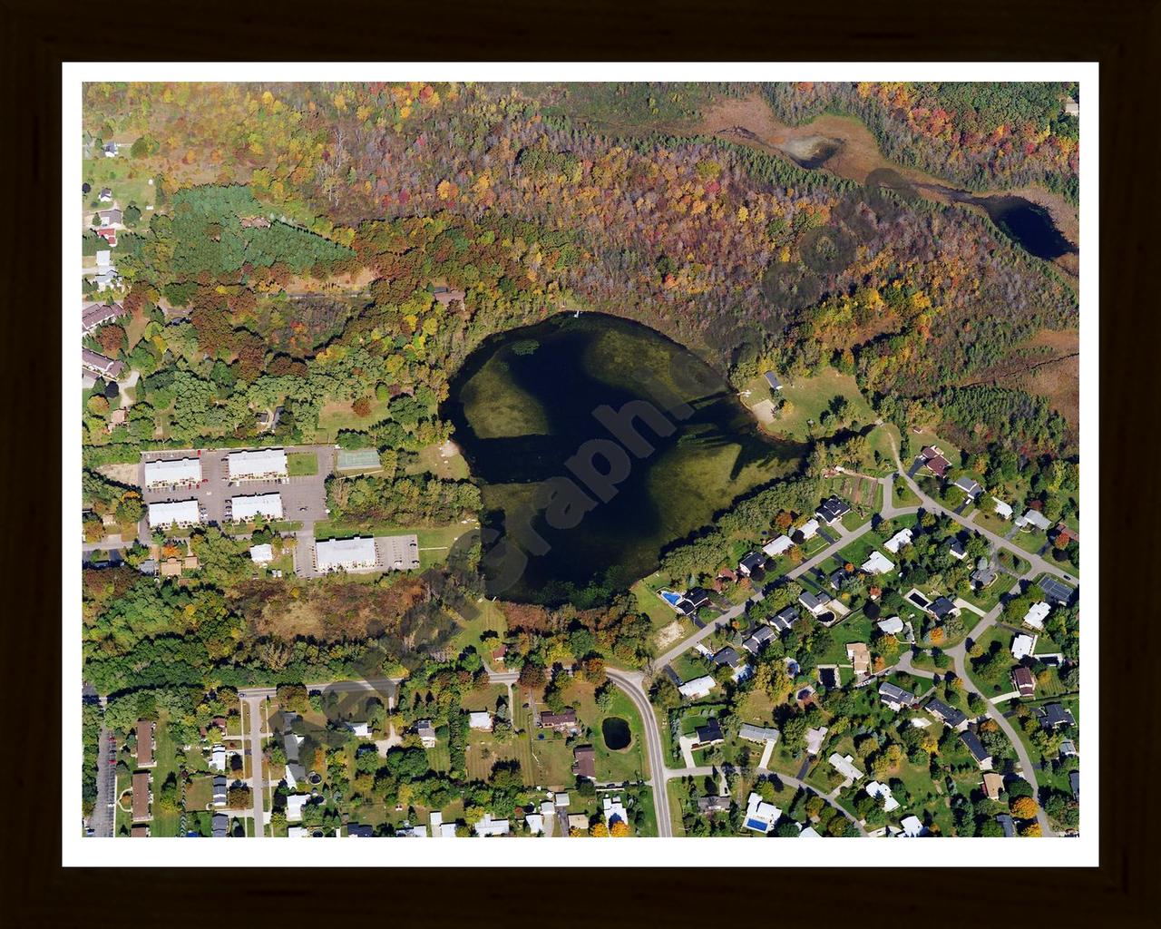 Aerial image of [5799] Hawk Lake in Oakland, MI with Black Wood frame