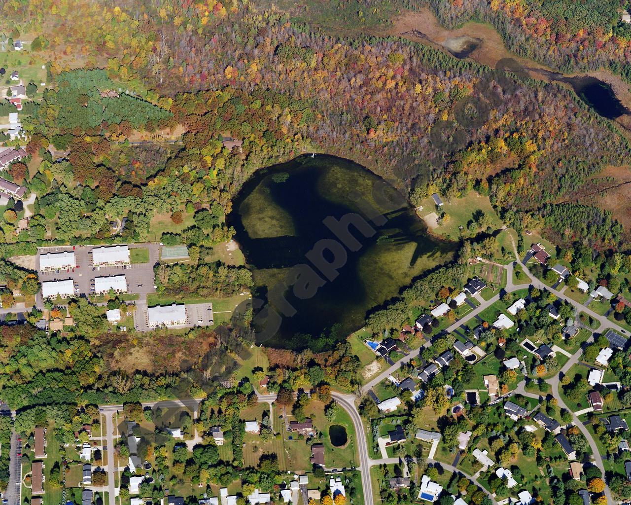 Aerial image of [5799] Hawk Lake in Oakland, MI with Canvas Wrap frame