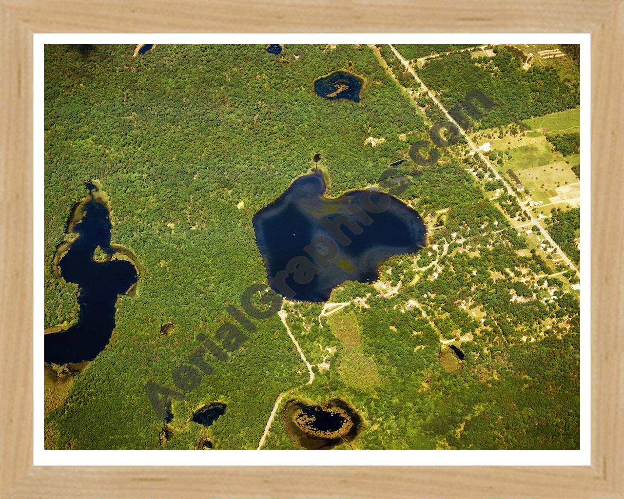 Aerial image of [5810] Horseshoe Lake in Ogemaw, MI with Natural Wood frame