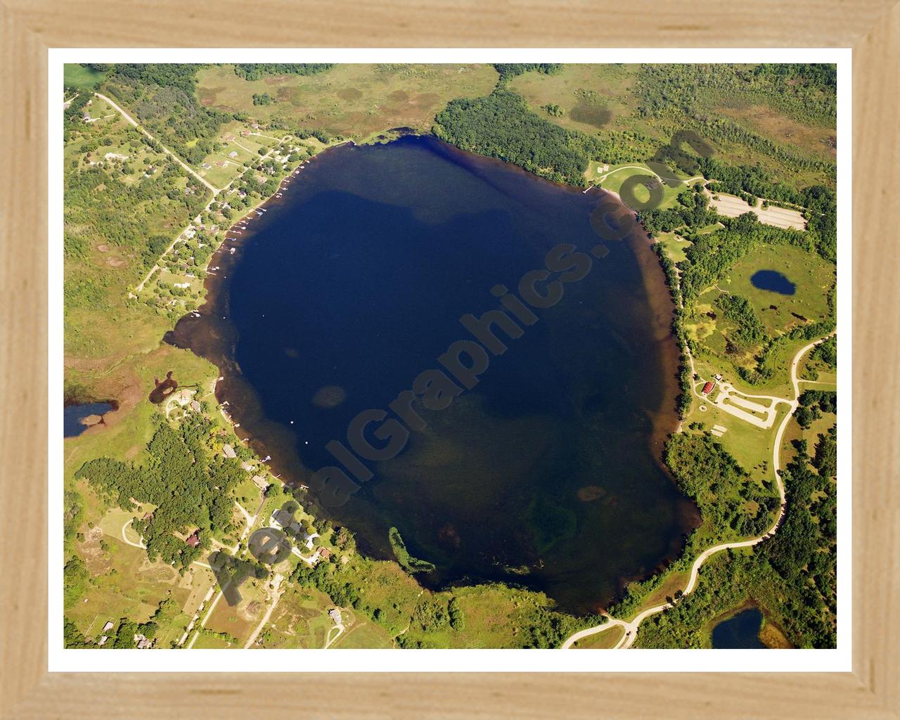 Aerial image of [5815] Independence Lake in Washtenaw, MI with Natural Wood frame