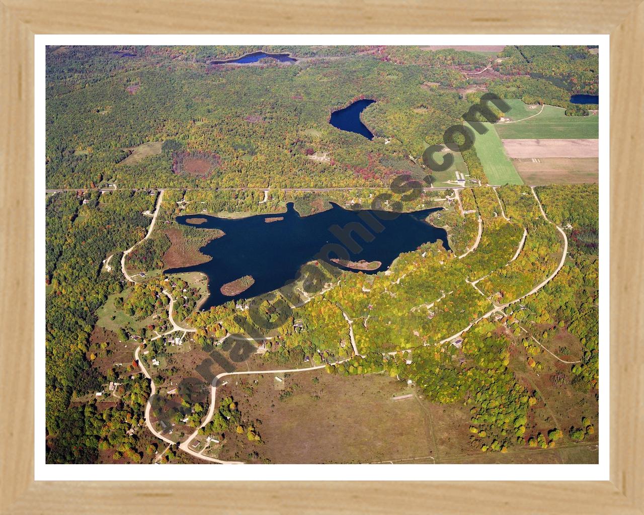 Aerial image of [5833] Lewis Lake in Otsego, MI with Natural Wood frame