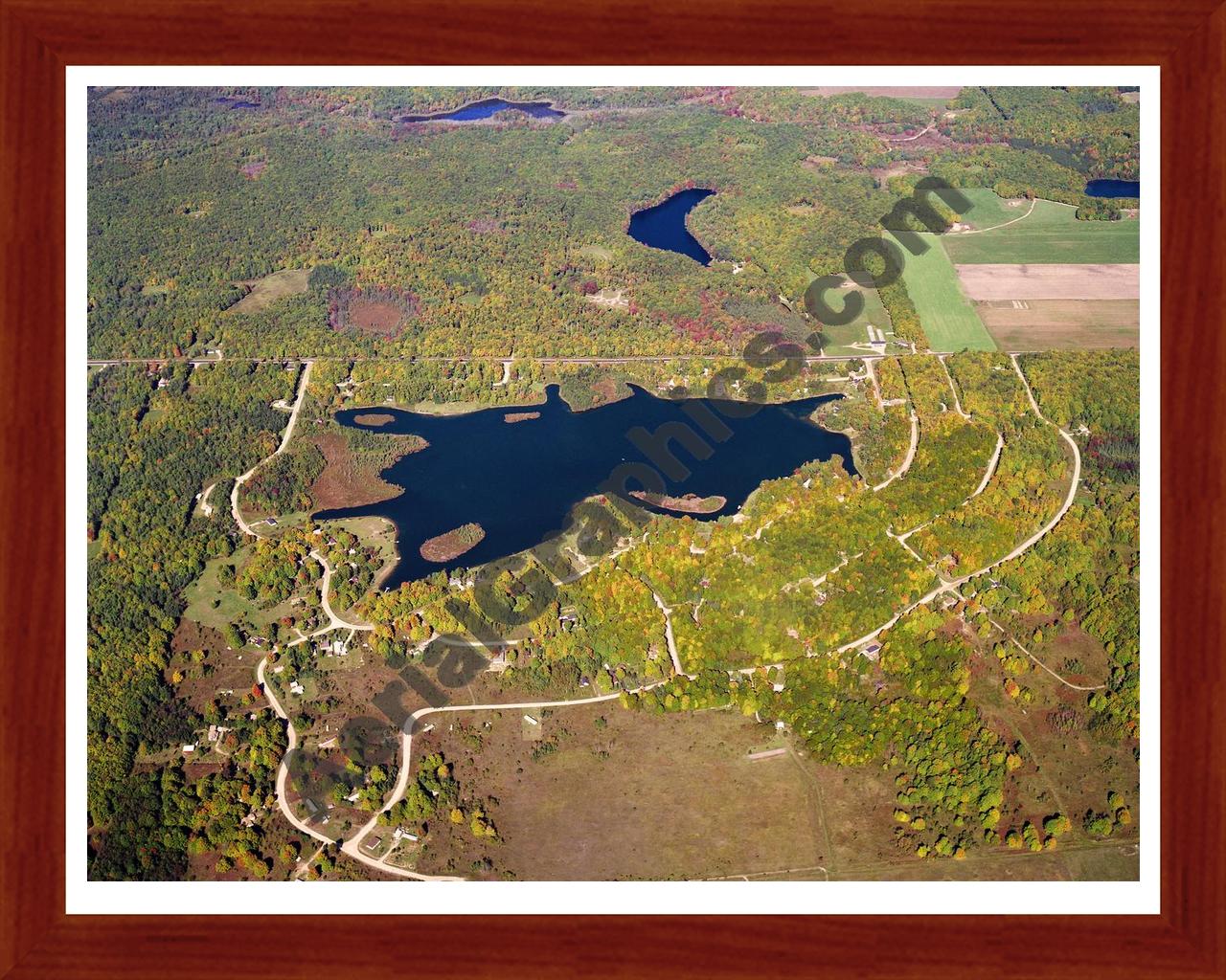 Aerial image of [5833] Lewis Lake in Otsego, MI with Cherry Wood frame