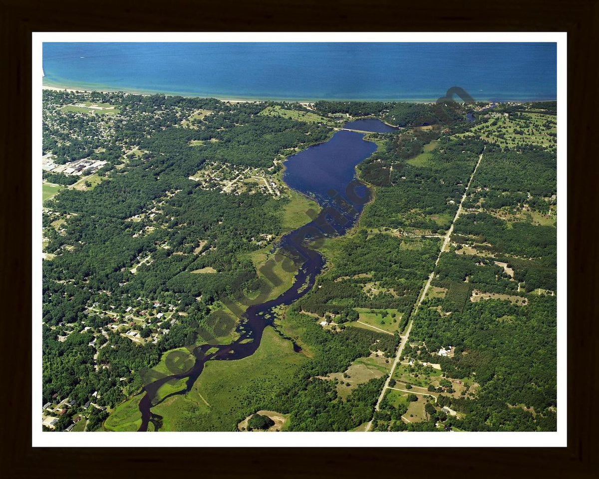 Aerial image of [5836] Lincoln Lake in Mason, MI with Black Wood frame