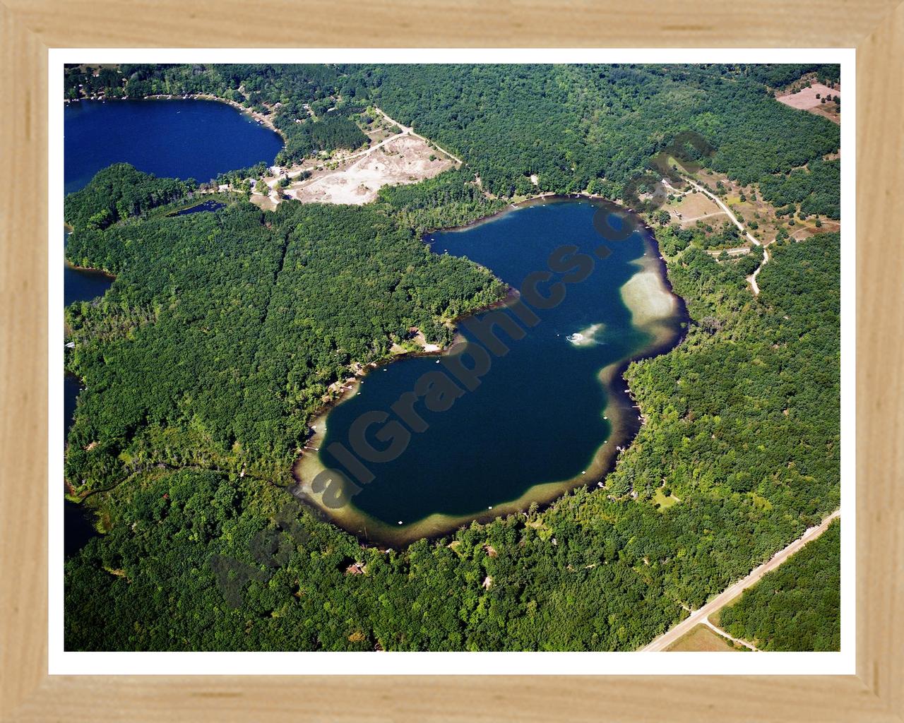 Aerial image of [5838] Little Bass Lake in Lake, MI with Natural Wood frame