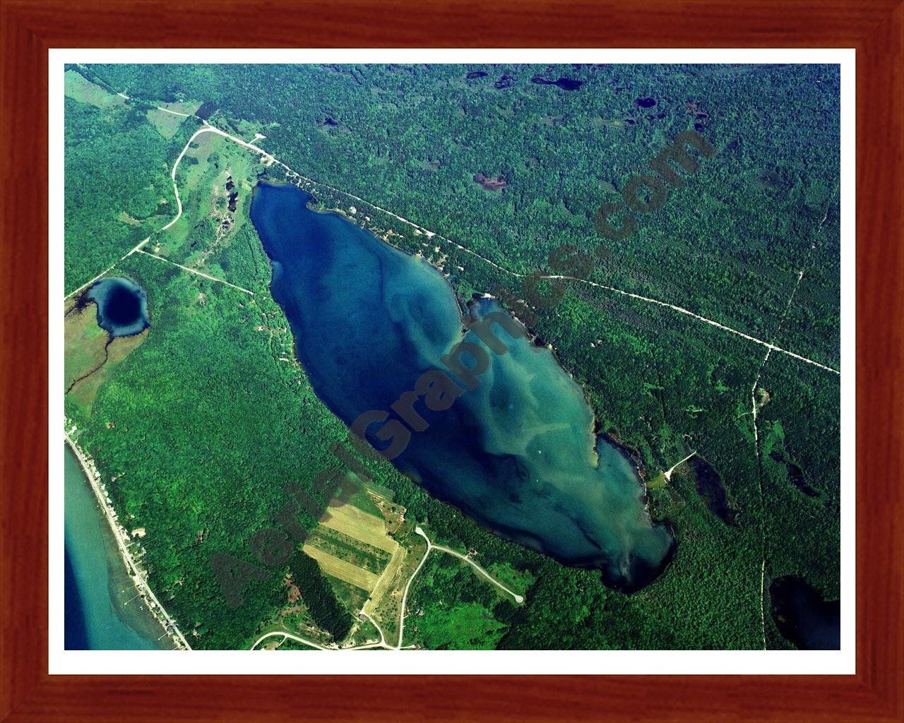 Aerial image of [5844] Long Lake in Benzie, MI with Cherry Wood frame