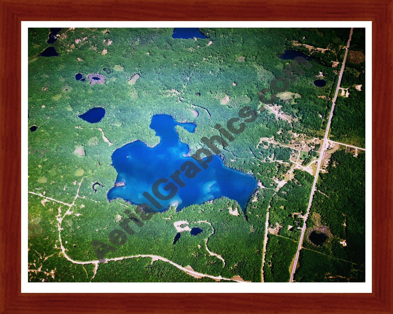 Aerial image of [5848] Loon Lake in Oscoda, MI with Cherry Wood frame