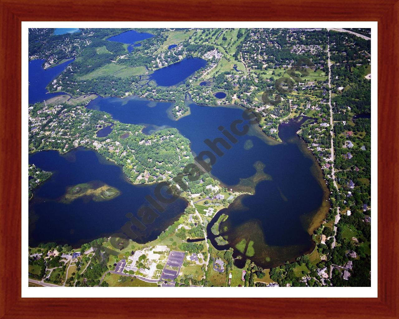 Aerial image of [5851] Lower Long Lake in Oakland, MI with Cherry Wood frame