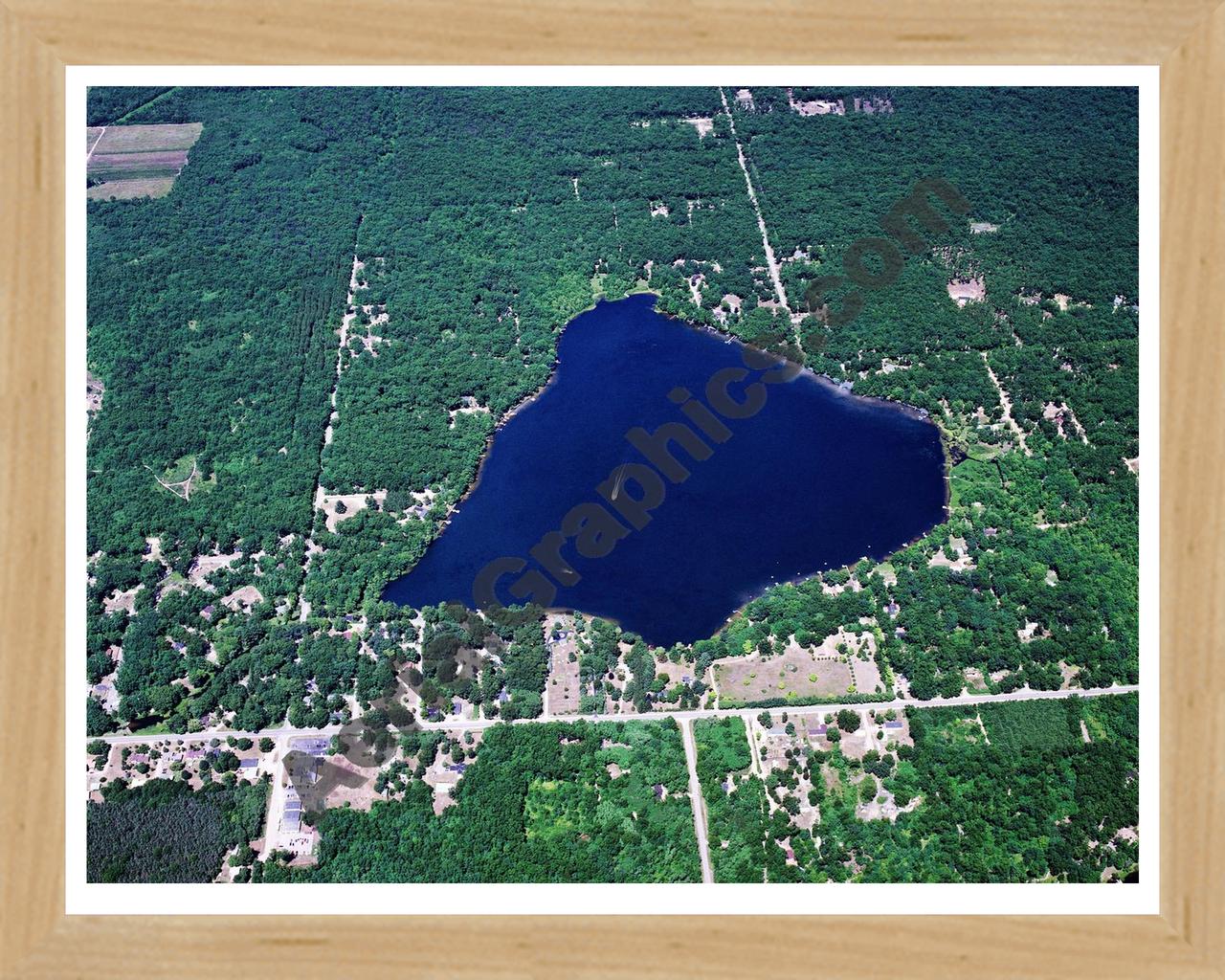 Aerial image of [5852] Lower Scott Lake in Allegan, MI with Natural Wood frame