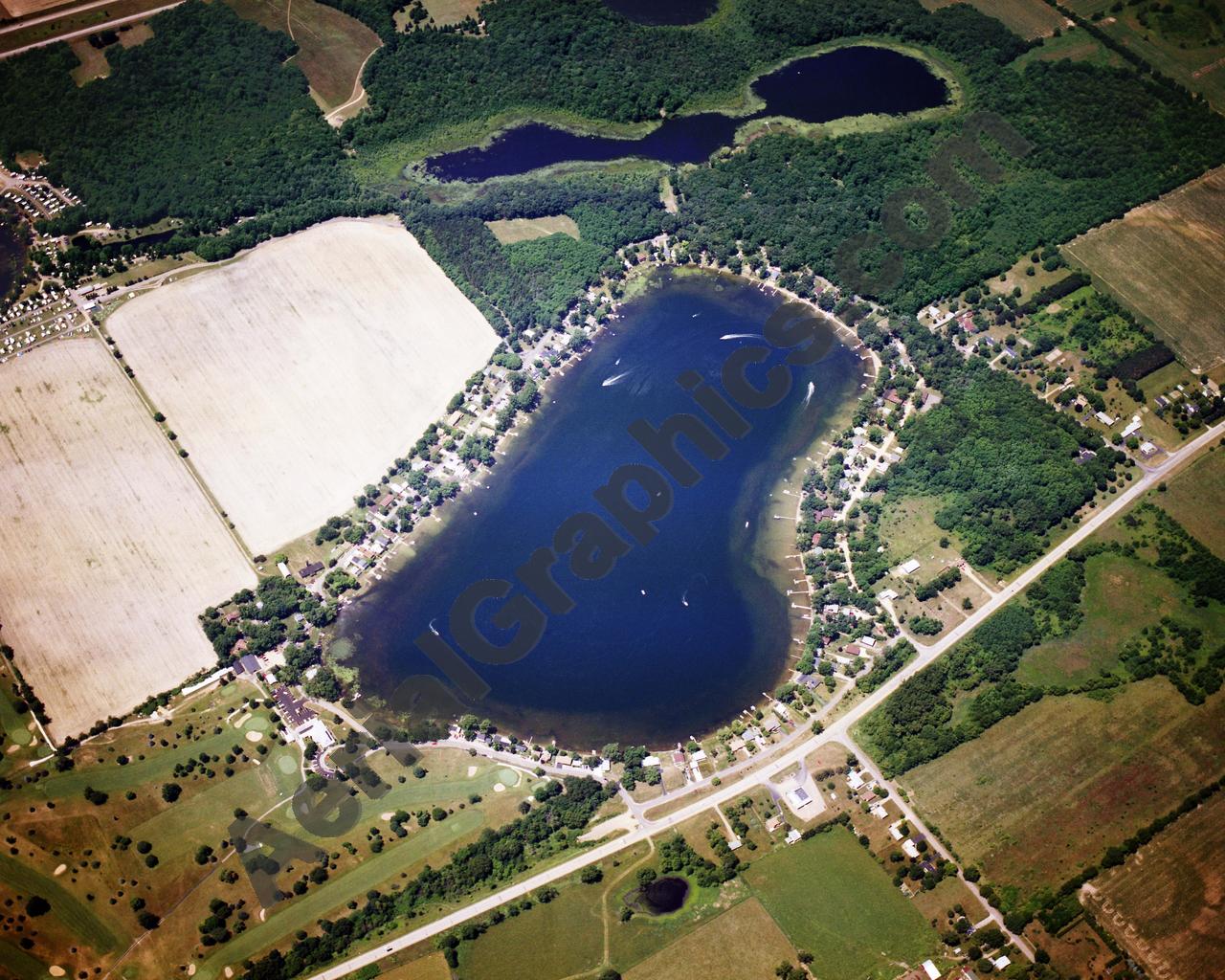 Aerial image of [5854] Lyon Lake in Calhoun, MI with Canvas Wrap frame