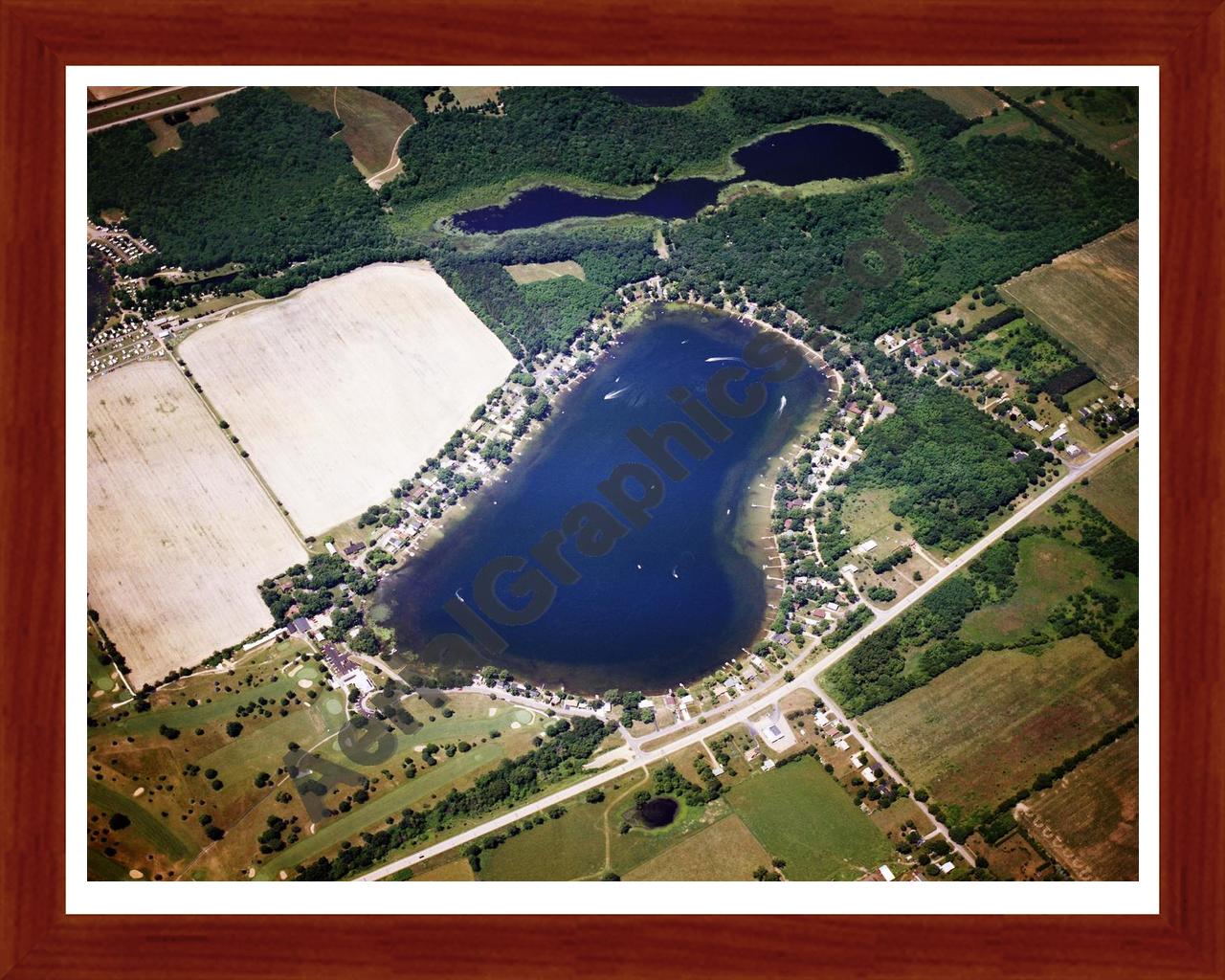 Aerial image of [5854] Lyon Lake in Calhoun, MI with Cherry Wood frame