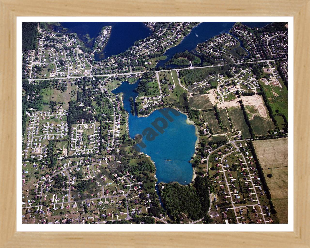 Aerial image of [5860] Marl Lake in Genesee, MI with Natural Wood frame