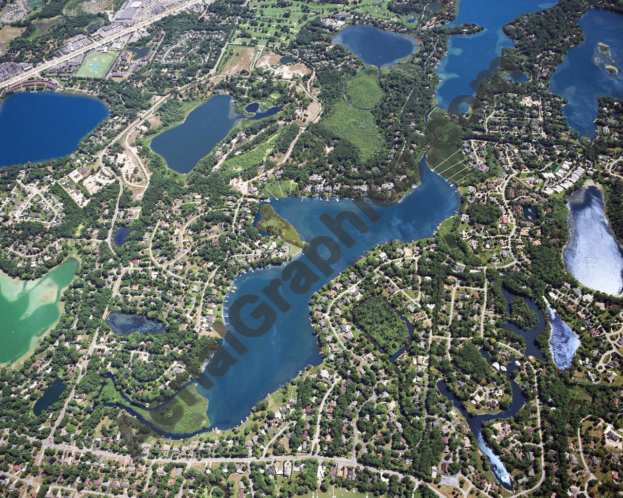 Aerial image of [5863] Upper Long Lake in Oakland, MI with Canvas Wrap frame