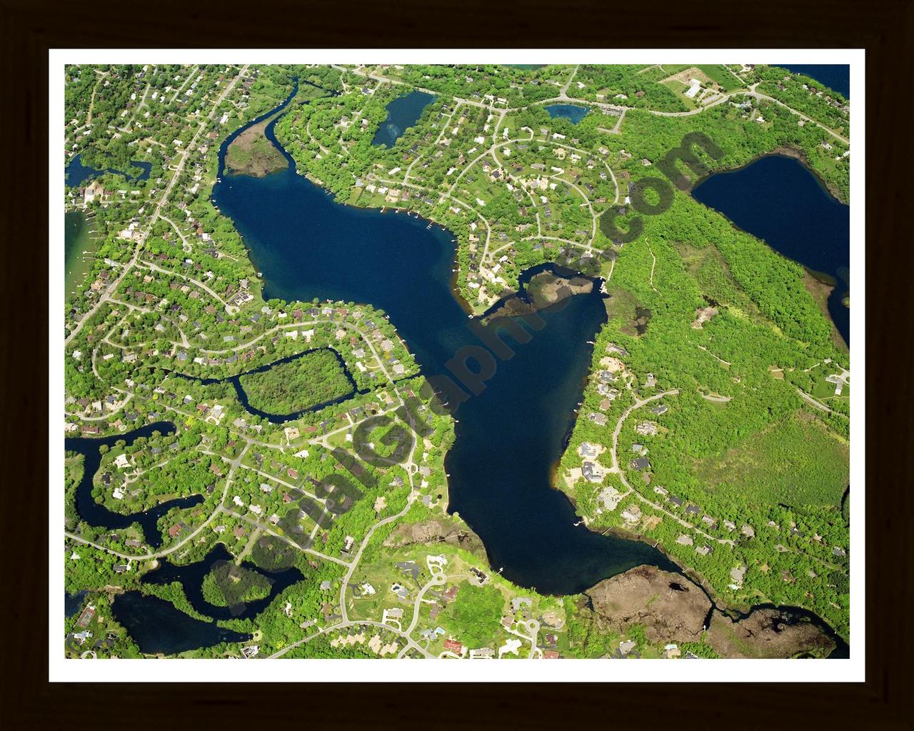 Aerial image of [5864] Upper Long Lake in Oakland, MI with Black Wood frame