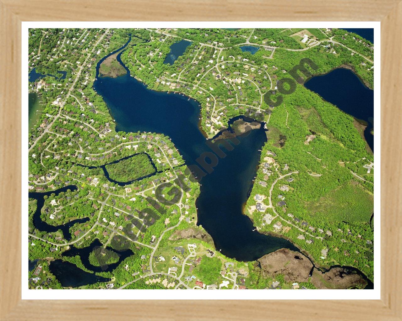 Aerial image of [5864] Upper Long Lake in Oakland, MI with Natural Wood frame