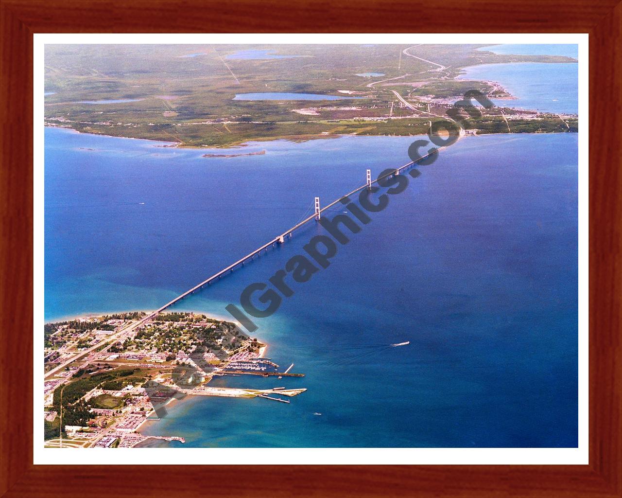 Aerial image of [5867] Mackinac Bridge in Mackinac, MI with Cherry Wood frame