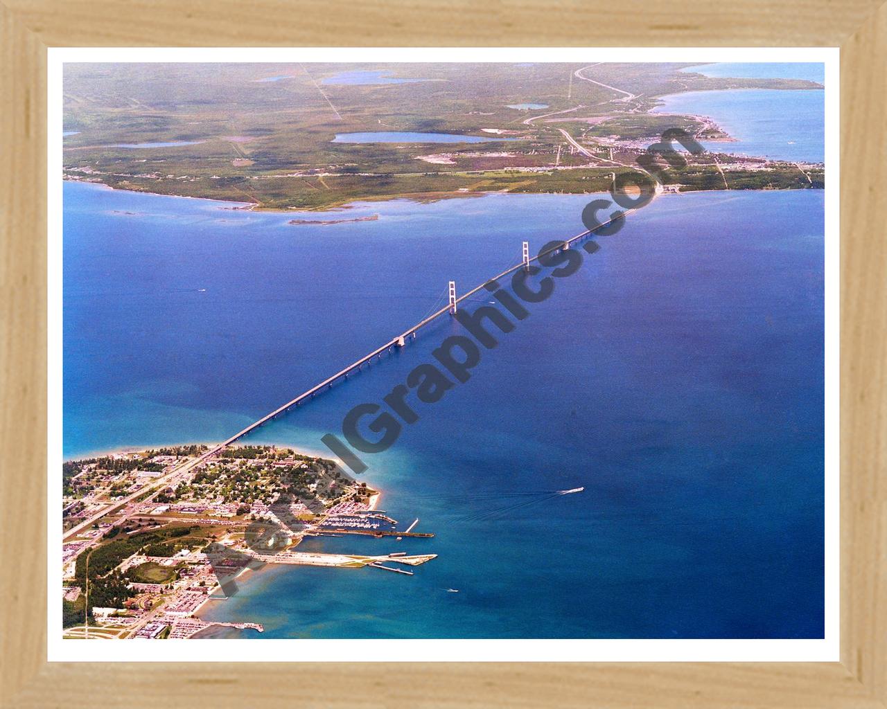 Aerial image of [5867] Mackinac Bridge in Mackinac, MI with Natural Wood frame