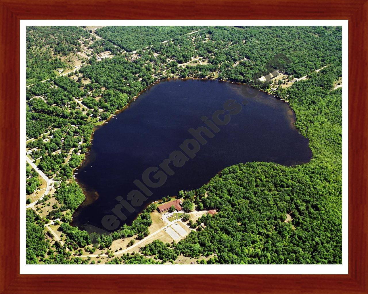 Aerial image of [5885] Robinson Lake in Newaygo, MI with Cherry Wood frame