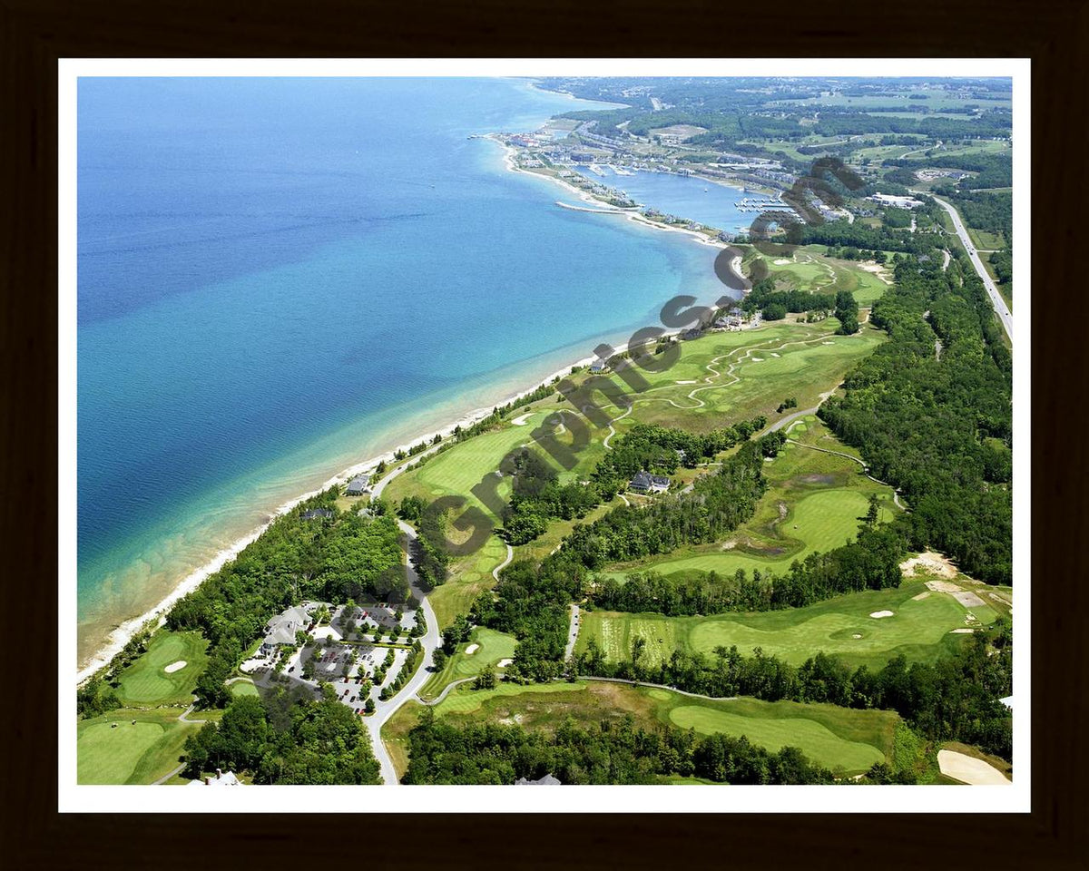Aerial image of [5891] Bay Harbor Golf Club (looking east) in Emmet, Mi with Black Wood frame