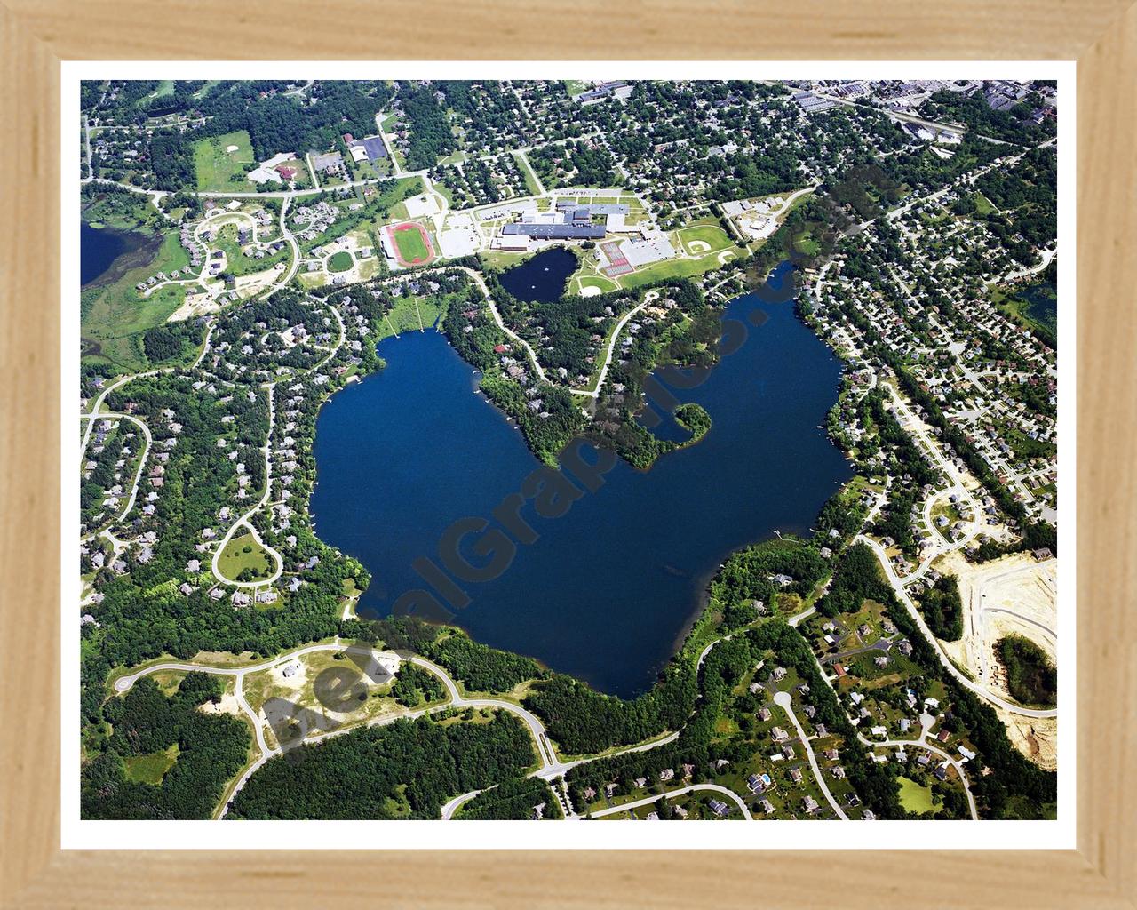 Aerial image of [5895] Brighton Lake in Livingston, Mi with Natural Wood frame