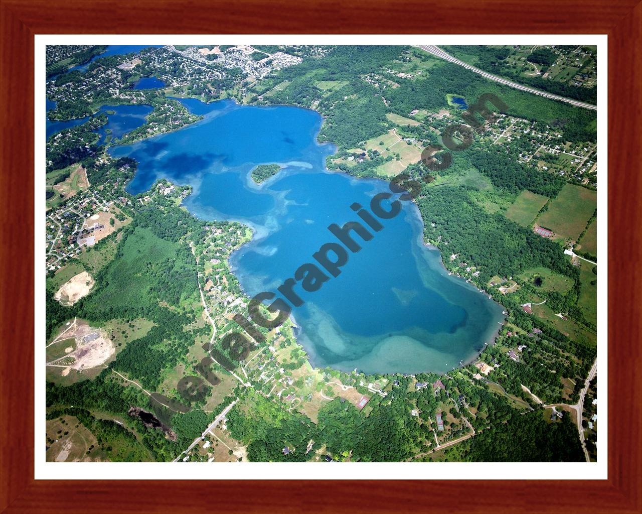 Aerial image of [5896] Lake Angelus in Oakland, MI with Cherry Wood frame