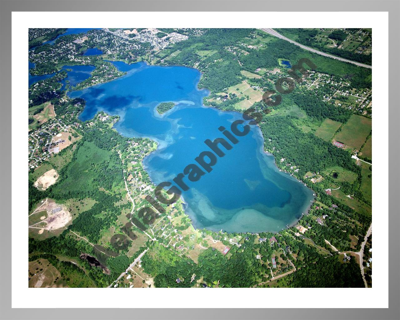 Aerial image of [5896] Lake Angelus in Oakland, MI with Silver Metal frame