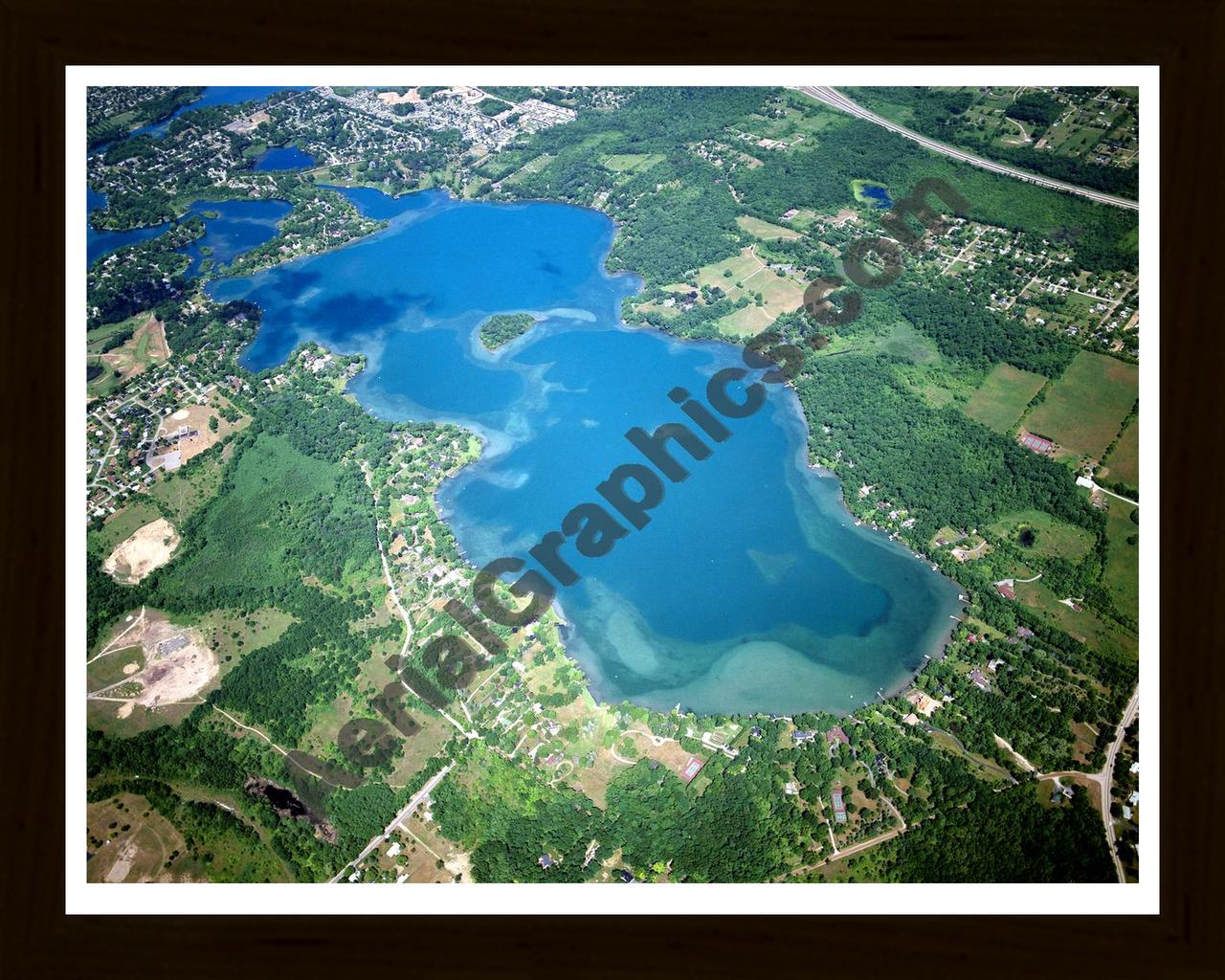 Aerial image of [5896] Lake Angelus in Oakland, MI with Black Wood frame