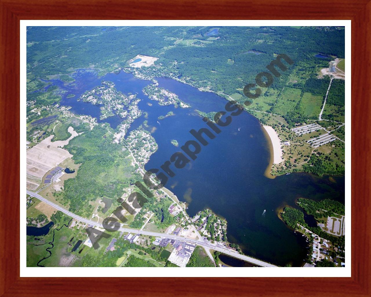 Aerial image of [5925] PONTIAC LAKE LOOKING NORTH in OAKLAND, MI with Cherry Wood frame